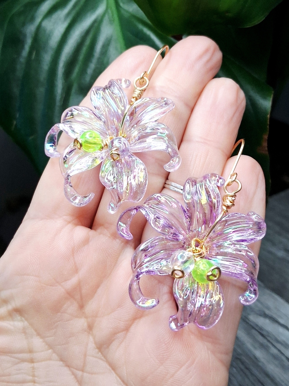 Iridescent Lavender Lily Flower Earrings with Gold Hooks